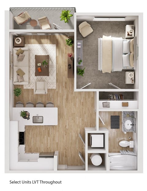 Floor plan for 1 bed, 1 bath, 635 sqft